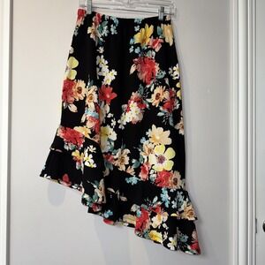 Bobeau Floral Asymmetrical Skirt SZ M Ruffle Vacation Resort Travel Knit Bright‎